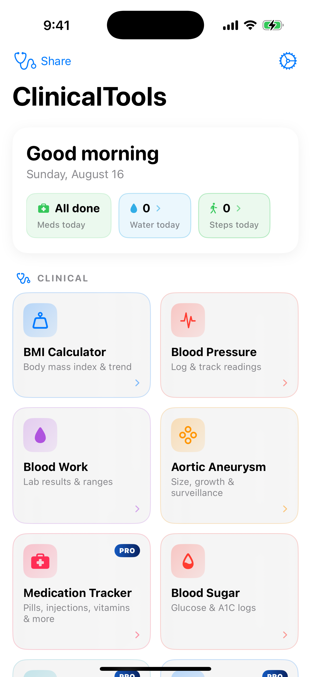 ClinicalTools home dashboard showing health tools organized by category on iPhone
